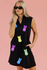 Black Sequin Bunny Doll Graphic Collared Sleeveless Mini Dress