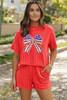 Orange Independence Day Sequin Bow Graphic Twist Rib Textured Short Set