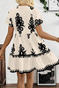 Black Vintage Print V Neck High Waist Short Sleeve Dress