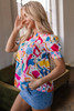 Multicolour Abstract Print Lace Detail Shirred Short Sleeve Split Neck Blouse Multicolour Abstract Print Lace Detail Shirred Short Sleeve Split Neck Blouse