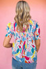 Multicolour Abstract Print Lace Detail Shirred Short Sleeve Split Neck Blouse Multicolour Abstract Print Lace Detail Shirred Short Sleeve Split Neck Blouse