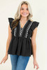 Black Contrast Ricrac Trim Ruffled V Neck Peplum Top Black Contrast Ricrac Trim Ruffled V Neck Peplum Top
