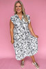 Black Floral Print Piping Trim Notched Neck Ruffle Sleeve Plus Size Long Dress