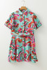 Green Abstract Print Lace-up High Waist Buttoned Mini Dress