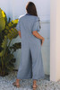 Beau Blue Half Placket Chest Pockets Short Sleeve Wide Leg Jumpsuit Beau Blue Half Placket Chest Pockets Short Sleeve Wide Leg Jumpsuit