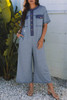 Beau Blue Half Placket Chest Pockets Short Sleeve Wide Leg Jumpsuit Beau Blue Half Placket Chest Pockets Short Sleeve Wide Leg Jumpsuit