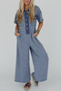Beau Blue Half Placket Chest Pockets Short Sleeve Wide Leg Jumpsuit Beau Blue Half Placket Chest Pockets Short Sleeve Wide Leg Jumpsuit