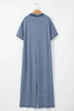 Beau Blue Half Placket Chest Pockets Short Sleeve Wide Leg Jumpsuit Beau Blue Half Placket Chest Pockets Short Sleeve Wide Leg Jumpsuit
