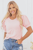 Pink Stripe Textured Puff Sleeve Crewneck Top