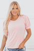 Pink Stripe Textured Puff Sleeve Crewneck Top