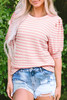Pink Stripe Textured Puff Sleeve Crewneck Top