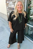 Black Textured Batwing Sleeve Tee Wide Leg Pants Plus Size Set