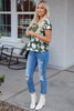 Green Floral Print Split Neck Short Sleeve Blouse Green Floral Print Split Neck Short Sleeve Blouse