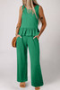 Green Solid Color Ribbed Ruffle Tank Top and Pants Set
