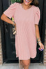 Blossom Corded Knit Crew Neck Puff Sleeve Shift Mini Dress