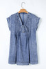 Beau Blue Tie V Neck Tucking Detail Short Sleeve Denim Shift Dress