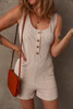 Parchment Corded Knit Side Pockets Buttoned Sleeveless Romper Parchment Corded Knit Side Pockets Buttoned Sleeveless Romper