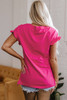 Rose Red Color Block Ruffled Crew Neck Loose Fit T Shirt