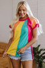 Rose Red Color Block Ruffled Crew Neck Loose Fit T Shirt