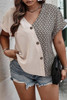Oatmeal Contrast Geometric Print Patchwork V Neck Short Sleeve Plus Size Top
