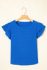 Dark Blue Textured Ruffled Sleeve Round Neck Top