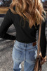 Black Long Sleeve Buttons V Neck Slim Fit Top