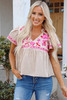 Beige Floral Embroidered Short Sleeve Notched V Neck Blouse Beige Floral Embroidered Short Sleeve Notched V Neck Blouse