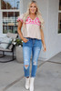 Beige Floral Embroidered Short Sleeve Notched V Neck Blouse Beige Floral Embroidered Short Sleeve Notched V Neck Blouse