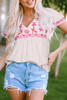 Beige Floral Embroidered Short Sleeve Notched V Neck Blouse Beige Floral Embroidered Short Sleeve Notched V Neck Blouse