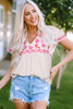 Beige Floral Embroidered Short Sleeve Notched V Neck Blouse Beige Floral Embroidered Short Sleeve Notched V Neck Blouse