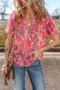 Red Floral Print Ruffled Puff Short Sleeve Blouse Red Floral Print Ruffled Puff Short Sleeve Blouse