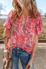 Red Floral Print Ruffled Puff Short Sleeve Blouse Red Floral Print Ruffled Puff Short Sleeve Blouse