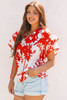 Red Plant Print Tiered Ruffled Sleeve V Neck Blouse