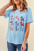 Light Blue American Flag Balloon Dogs Print Crew Neck T Shirt