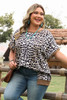 Khaki Leopard Contrast Trim Short Sleeve Loose Plus Size Top