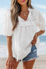 White Embroidered Lace Patchwork Tie Neck Puff Short Sleeve Blouse