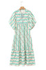 Multicolour Striped Floral Print Tie Split Neck Puff Sleeve Midi Dress