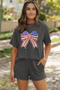 Carbon Grey Independence Day Sequin Bow Graphic Twist Rib Textured Short Set Carbon Grey Independence Day Sequin Bow Graphic Twist Rib Textured Short Set