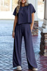 Navy Blue Raw Hem Loose Tee and Wide Leg Pants Set
