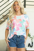 Multicolour Bowknot Printed Waffle Crewneck Loose Short Sleeve Top