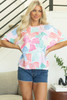 Multicolour Bowknot Printed Waffle Crewneck Loose Short Sleeve Top