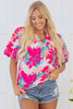 Rose Tropical Plant Printed V Neck Puff Sleeve Blouse