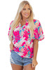 Rose Tropical Plant Printed V Neck Puff Sleeve Blouse