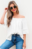 White Frilly Off Shoulder Lace Insert Sleeve Textured Blouse