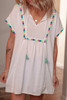 White Colorful Fringed Detail Tassel Tie Neck Short Sleeve Blouse White Colorful Fringed Detail Tassel Tie Neck Short Sleeve Blouse