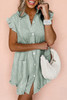 Green Stripe Frilled Sleeveless Collar Front Pocket Button Up Mini Dress