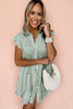 Green Stripe Frilled Sleeveless Collar Front Pocket Button Up Mini Dress