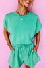 Sea Green Mineral Wash Drawstring Waist Hollow Out Back Short Sleeve Romper Sea Green Mineral Wash Drawstring Waist Hollow Out Back Short Sleeve Romper