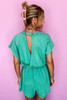Sea Green Mineral Wash Drawstring Waist Hollow Out Back Short Sleeve Romper Sea Green Mineral Wash Drawstring Waist Hollow Out Back Short Sleeve Romper