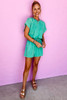 Sea Green Mineral Wash Drawstring Waist Hollow Out Back Short Sleeve Romper Sea Green Mineral Wash Drawstring Waist Hollow Out Back Short Sleeve Romper